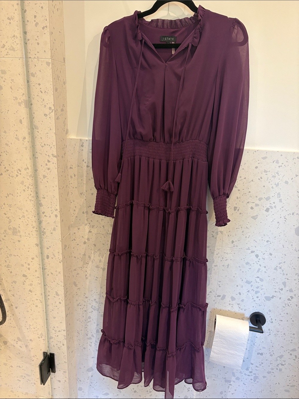 STATE Plum Tiered Long Sleeve Midi Dress